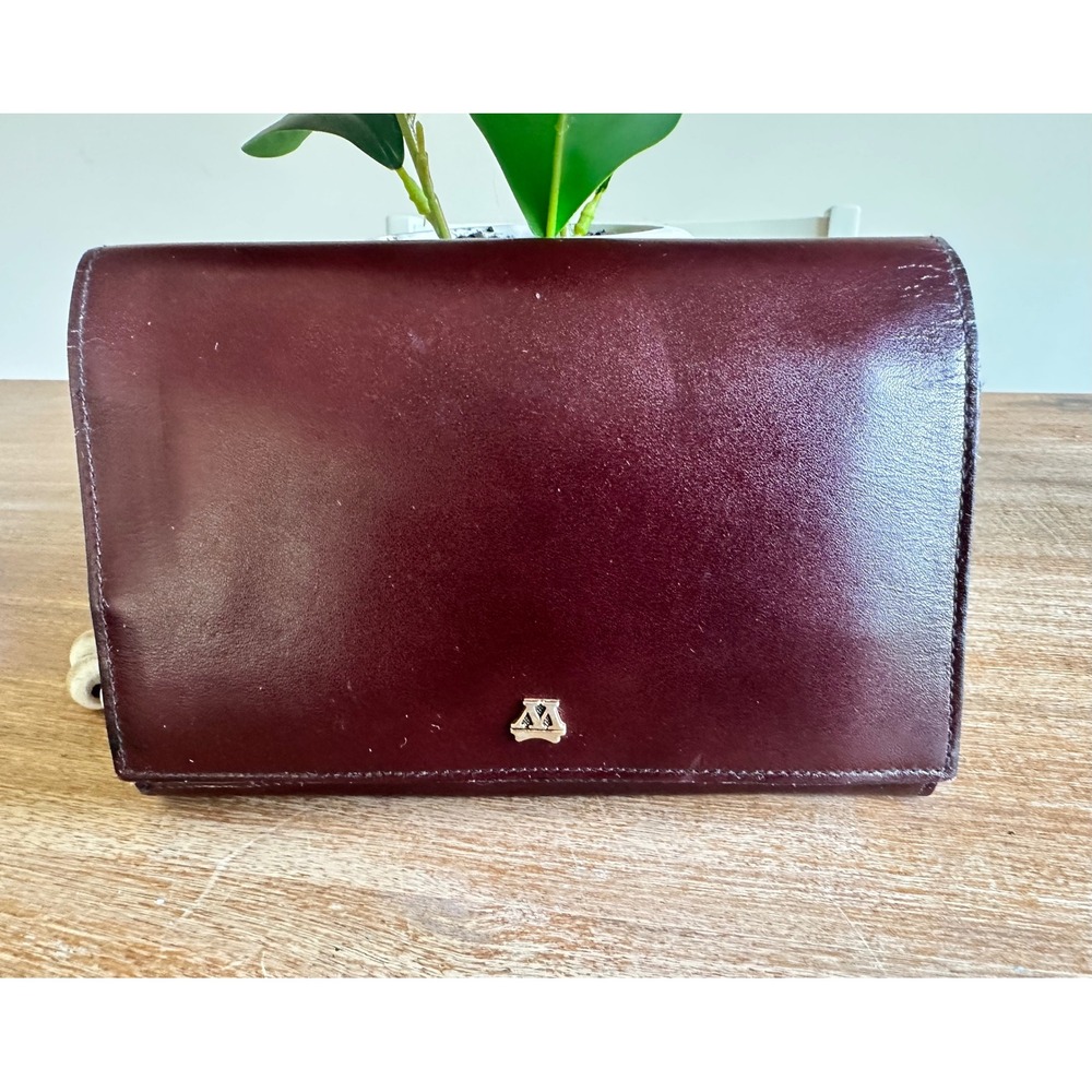 Matras Burgundy Genuine Leather Trifold Wallet Kiss Lock Coin Pouch Oxblood Gold